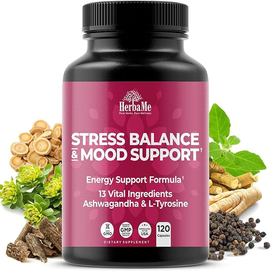 Cortisol Manager Supplement and Balance Mood with Ashwagandha & L-Tyrosine, 120 Capsules, Helps Maintain Healthy Energy Levels and Stress Relief, Fatigue Reducer Pills