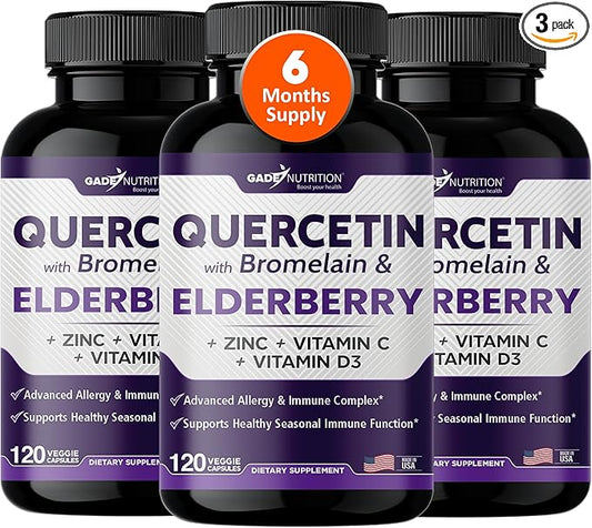 Gade Nutrition Quercetin with Bromelain & Elderberry | Quercetin with Vitamin C and Zinc | Zinc Quercetin 500mg with Vitamin D3 | Daily Immune Support Supplement - 6 Months Supply