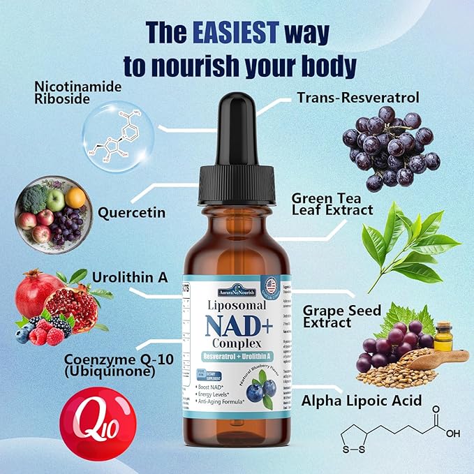 Liposomal NAD+ Liquid Drops, 8-in-1 NAD⁺ Nicotinamide Riboside Resveratrol 900mg w. Quercetin & Urolithin A | Fast Absorption NAD+ Supplement with CoQ10, ALA| Cellular Energy, Anti-Aging, Vitality
