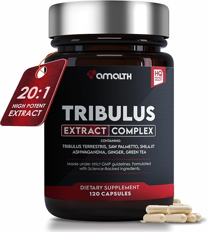 Amalth Tribulus Terrsestris, 20:1 Extract Per Serving, Highest Potency with Ashwagandha, Saw Palmetto, Panax Ginseng Shilajit Maca 120 Capsules
