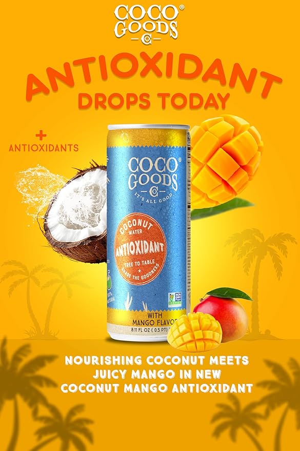 CocoGoodsCo Antioxidant Drink with Coconut Water, Mango – 35mg Natural Caffeine, 0g Sugar, Naturally Sweetened, 10 Calories, with Green Coffee & Vitamin E – 8.11 fl oz Cans (12 Pack)