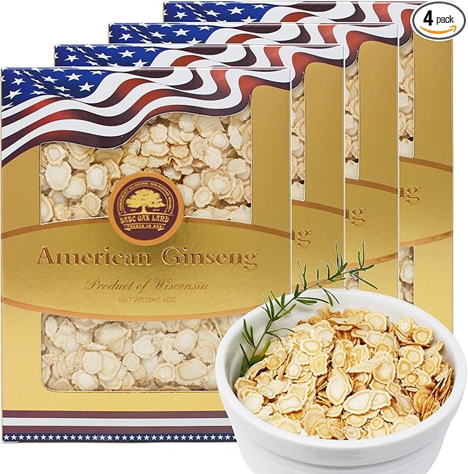 4 Boxes of American Ginseng Slices from Wisconsin,American Wisconsin Ginseng Slices Root for Tea, Energy for Men Women Mental Health Boosts Immunity, Gluten Free 花旗參, Small Round,16oz