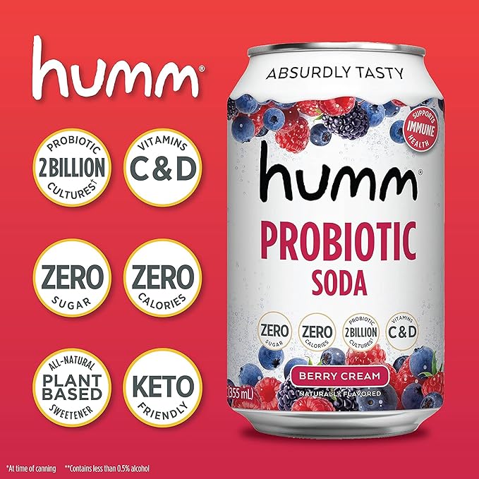 Humm Sparkling Probiotic Berry Cream Soda, Zero Sugar, Zero Calorie, 2 Billion Probiotics, Vitamin C, D, and B12, 12 fl oz (12 Pack)
