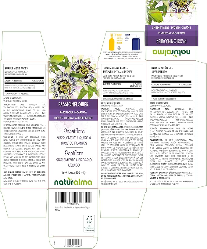 Naturalma Passionflower (Passiflora incarnata) herb with Flowers Alcohol-Free Tincture - 16.9 fl oz Liquid Extract in Drops - Herbal Supplement - Vegan