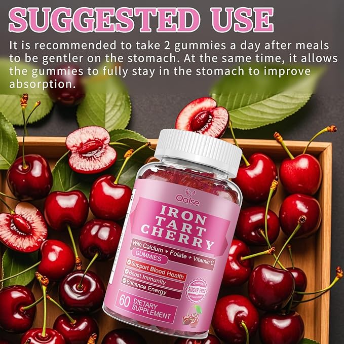 （2 Pack） OALSE Tart Cherry Iron Supplement for Women & Men, Iron Gummies with Calcium, Zinc, Folate & Vitamin C & B12 for Immune Support, (120 Count) - Sugar Free,Vegan