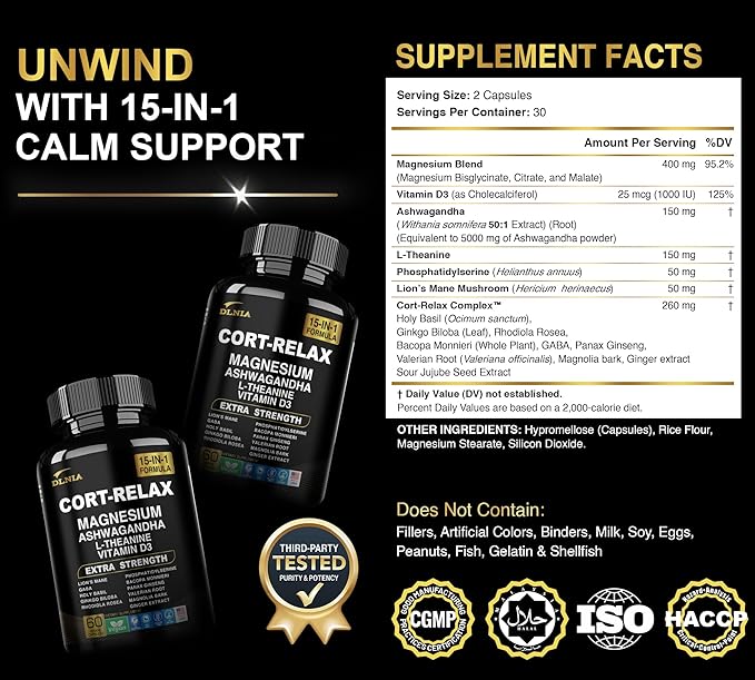 Super Calm Cortisol Supplement with Magnesium Glycinate, Ashwagandha KSM-66, L-Theanine, Phosphatidylserine, Ginkgo Biloba & Lions Mane for Calm, Focus, Mental Clarity, Relaxation, Sleep, Energy