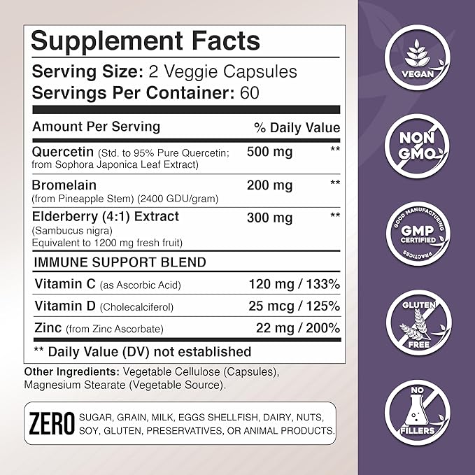 Gade Nutrition Quercetin with Bromelain & Elderberry | Quercetin with Vitamin C and Zinc | Zinc Quercetin 500mg with Vitamin D3 | Daily Immune Support Supplement - 6 Months Supply