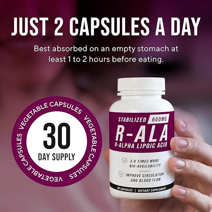 NERVE RENEW R-ALA Stabilized R Alpha Lipoic Acid 600mg Nerve Support Supplement 60 Capsules