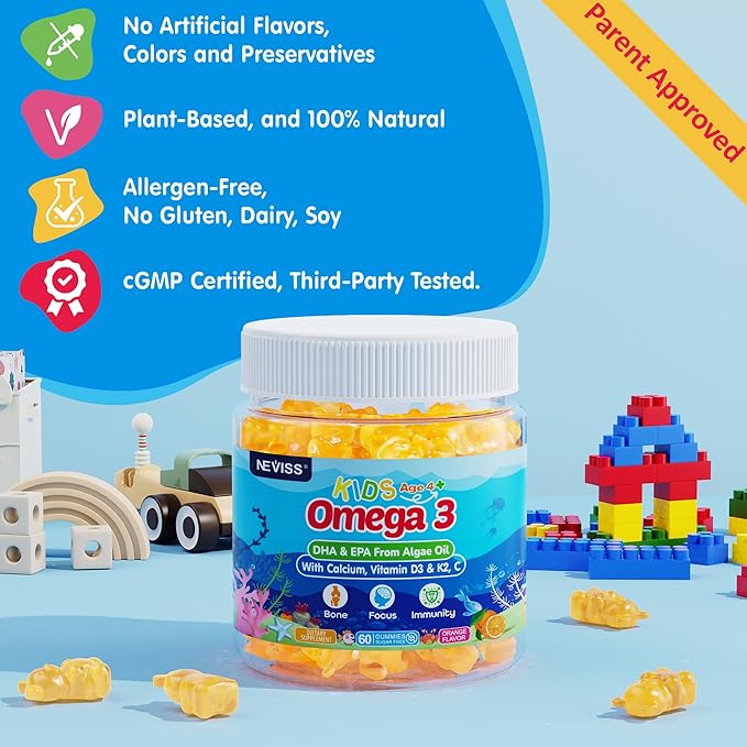 Kids Omega 3 Gummies + Calcium, Vitamin D3 & K2, C, Omega-3 DHA/EPA Gummies for Strong Bones, Focus & Memory, Immune Support, Kids Omega3 Supplement - No Fish Taste, Non-GMO, Chewable, Vegan, 2 Pack