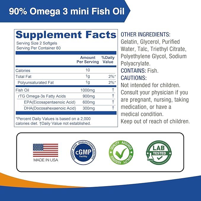 Lovita Omega-3 Fish Oil 2000mg, High Absorption rTG Form with EPA & DHA, 90% Omega-3, Burpless, Easy to Swallow, Supports Heart, Brain & Eye Health, 120 Enteric-Coated Softgels (Pack of 3)