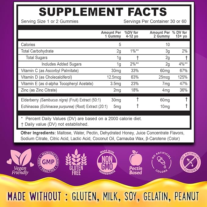 Elderberry Gummies Immunity Support - Real Honey and Lemon Immune Supplement for Kids & Teens with Vitamin C, Echinacea, and Zinc - 60 CT