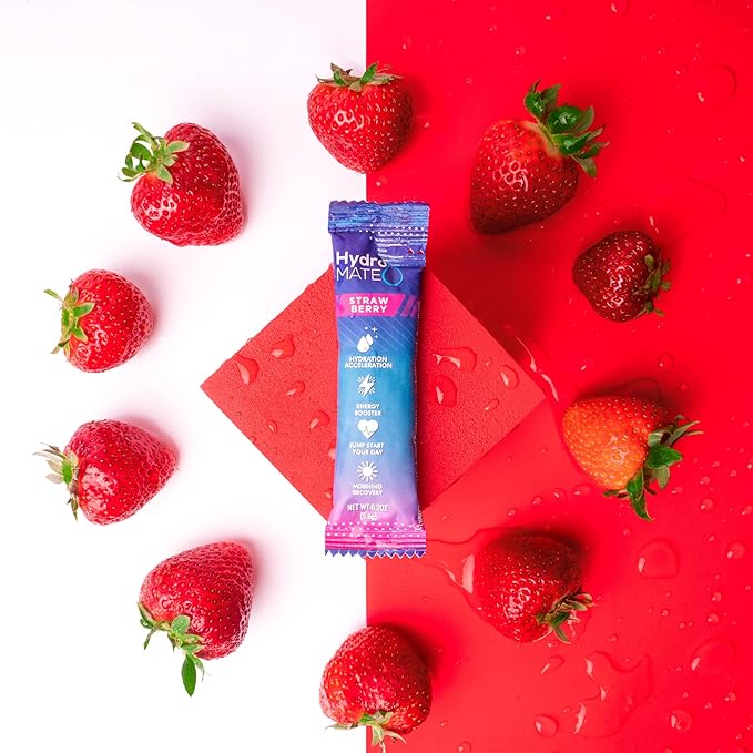HydroMATE Electrolytes Powder Drink Mix Packets Hydration Accelerator Low Sugar Rapid Party Relief Recovery Vitamin C Plus Caffeine Strawberry 30 Count