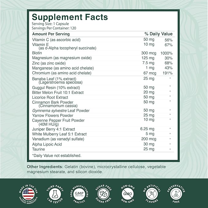 PurePremium Normal Blood Sugar Support Supplement - 20 Active Ingredients Complex to Support Blood Sugar Levels Already in The Normal Range - with Cinnamon, Bitter Melon, Chromium, Mulberry - 120ct