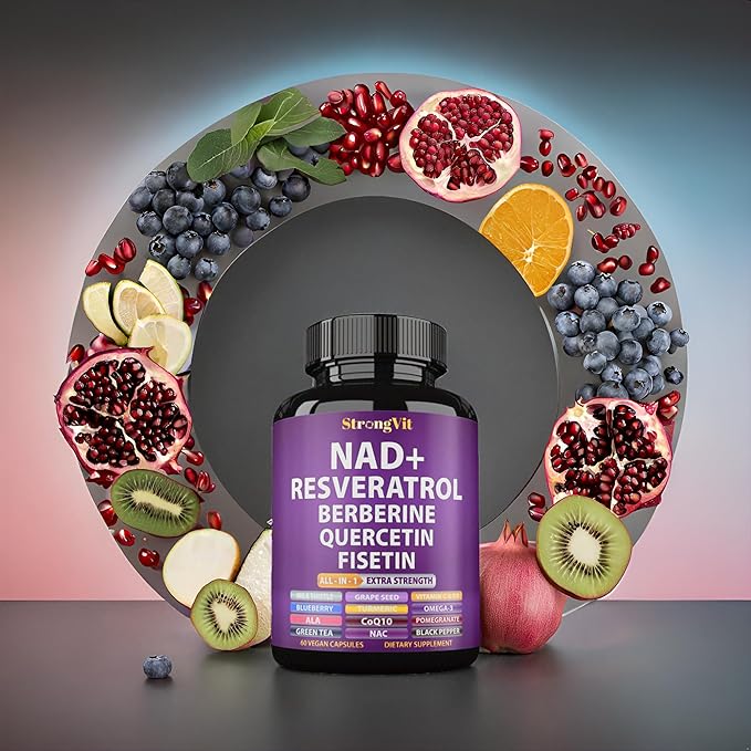 NAD Resveratrol Supplement with Berberine, Quercetin, CoQ10. Anti-Aging Formula for Women & Men. Liposomal NAD Plus, NAD+ Booster, Pure Organic Vitamin, USA