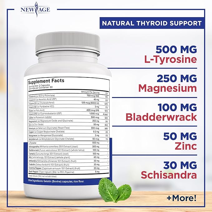 Thyroid Support Supplement for Women & Men with Iodine, B12, Zinc, Selenium, Ashwagandha, Bladderwrack, Turmeric, Schisandra - Non-GMO, Vegetarian - 120 Count