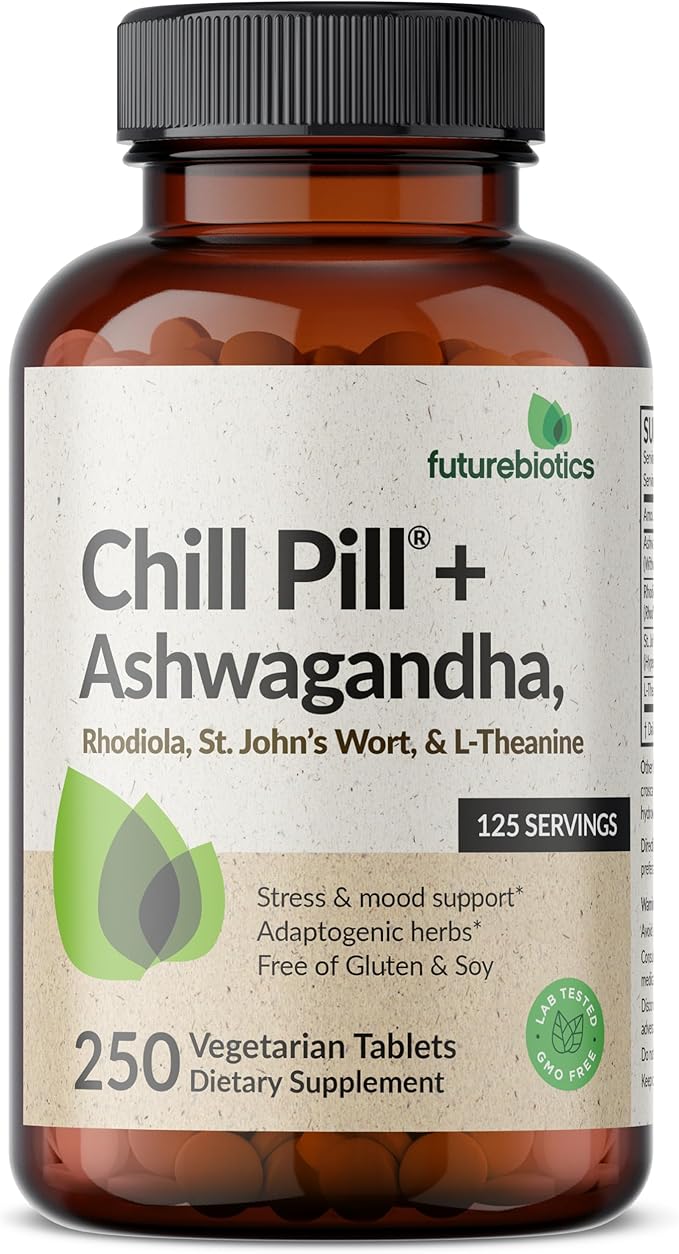Futurebiotics Chill Pill + Ashwagandha, Rhodiola, St. John’s Wort, & L-Theanine - Non-GMO, 250 Vegetarian Tablets