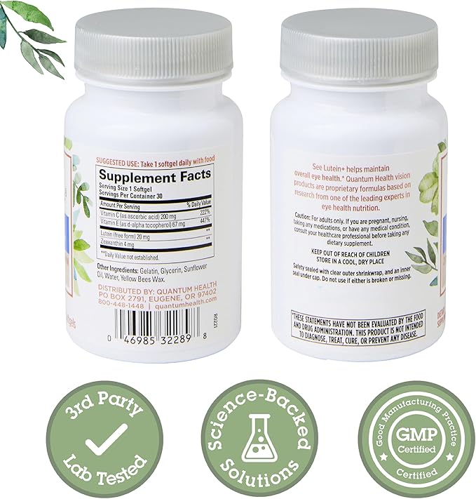 Quantum Health See Lutein+ Eye Care Supplement Helps Support Overall Eye Health As You Age - Lutein 20mg Zeaxanthin Plus Vitamins C & E Daily Nutrition for Women & Men - 30 Softgels