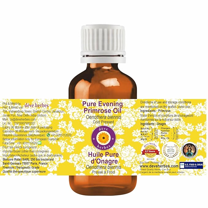 Deve Herbes Evening Primrose Oil (Oenothera biennis) | Cold Pressed | Pure | Natural | Undiluted | For Diluting Essential oils | For Skin & Massage | Non-Sticky | Lightweight | Unisex | 15ml (0.50 oz)