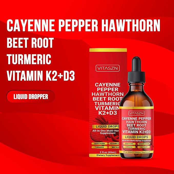 Cayenne Pepper Drops Liquid Supplement with Hawthorn Berry, Vitamin D3 + K2, Beet Root, Ceylon Cinnamon, Turmeric Curcumin, Panax Ginseng & Berberine Vegan-Friendly, Easily Absorbed 2oz - 60ml