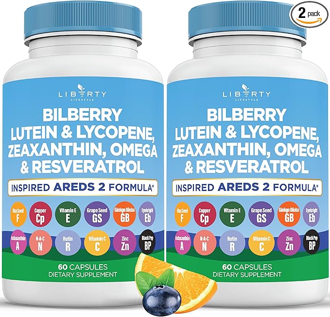 Eye Health Vitamins with Bilberry, Lutein & Zeaxanthin, Lycopene, Resveratrol, Grape Seed Extract, Flaxseed Astaxanthin- AREDS 2-120 Capsules