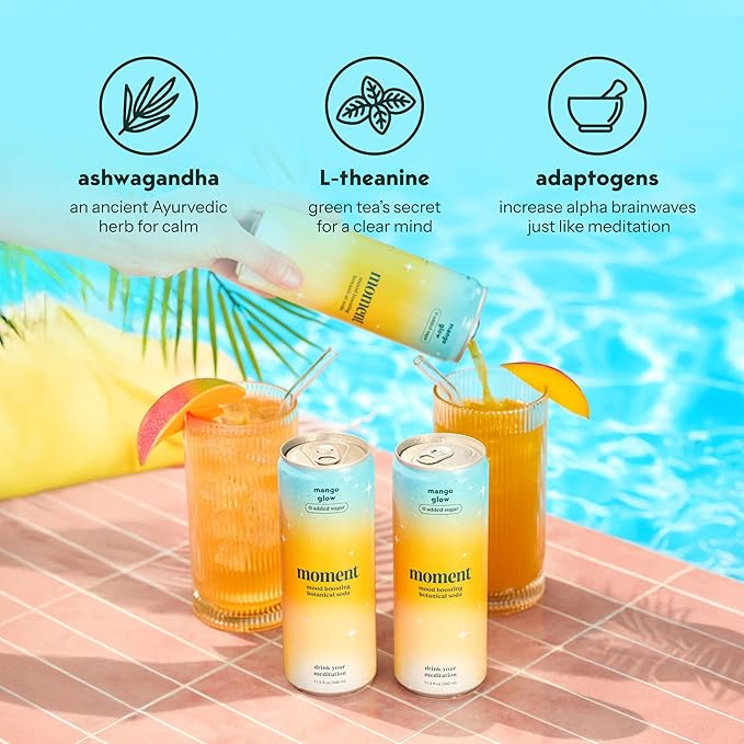 Moment Botanical Soda Soft Drink (Shark Tank) - SPARKLING Drinks | Mango Glow | L-Theanine & Ashwagandha for Calm & Clarity | 0 Added Sugar 0 Caffeine | 12-pack