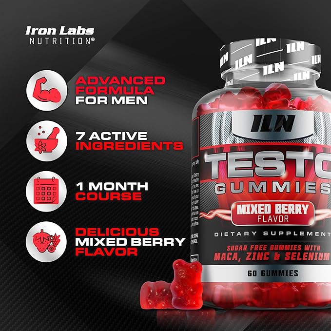 Iron Labs Nutrition Testo Gummies for Men (60 Gummies) - High Strength Booster for Men - Mixed Berry Flavor - Features Maca, Ginseng, Zinc and Selenium - Sugar Free & Vegan Suitable