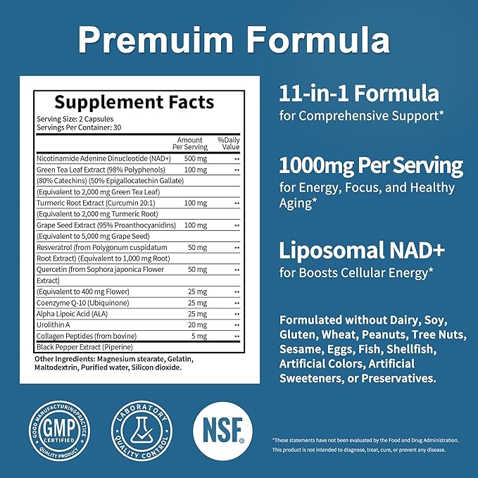 NAD Supplement 11-in-1 Extra Strength – Liposomal NAD with Resveratrol, CoQ10, Urolithin A, ALA & Turmeric – Supports Anti-Aging, Cellular Repair, Energy & Focus – for Women & Men – 60 Capsules