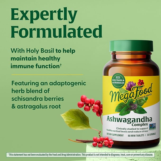 MegaFood Ashwagandha Complex (Formerly Stress Protect) - Ashwagandha Supplements Astragalus Root & Holy Basil - Vegetarian, Gluten Free, Cortisol Supplement - 60 Mini Tablets, 30 Servings