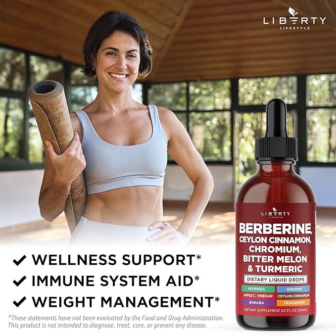 Berberine with Ceylon Cinnamon Supplement Liquid Drops + Bitter Melon Extract, Glucomannan, Gymnema, Chromium, Turmeric, Panax Ginseng, Moringa- 8 OZ