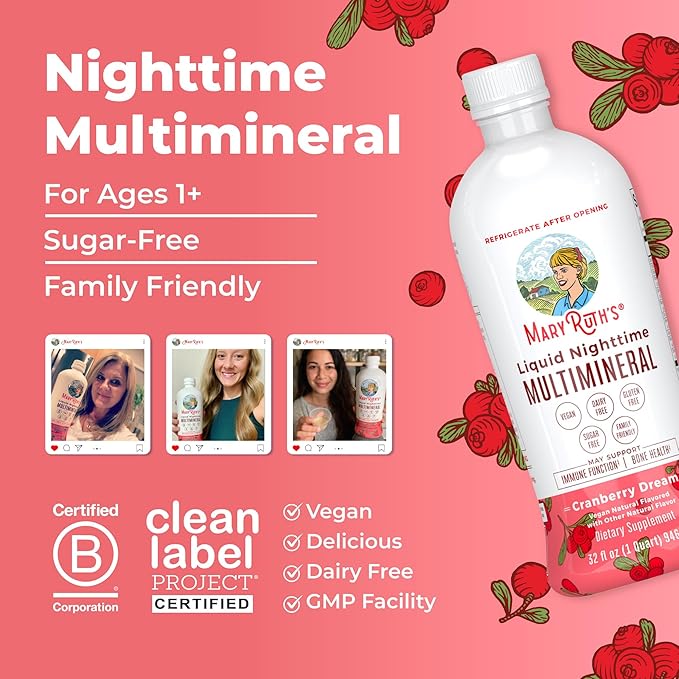 MaryRuth Organics Liquid Nighttime Multimineral | No Melatonin | Bedtime Routine | Magnesium Citrate | Calcium | Zinc | Vitamin D3| Available in 4 Flavors | Vegan | Sugar Free | Gluten Free | 32 Oz