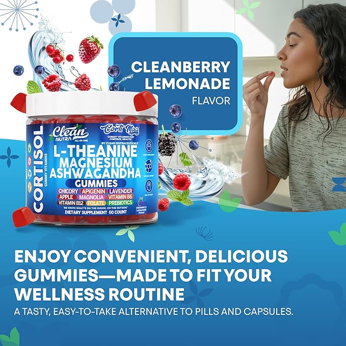 Clean Nutra L-Theanine Magnesium Ashwagandha Cortisol Gummies Apigenin Vitamin B6 Sleep Aid Calm Stress Relief Support Cortisol Management Supplement Lavender Chicory Prebiotic Advanced Gummy Formula