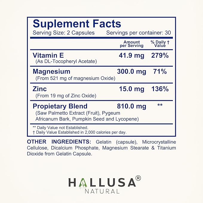 HALLPROST Ultra Prostate Health Supplement for Men, Frequent Urination, Saw Palmetto, Lycopene & Pygeum Blend + Zinc, Vitamin E & Magnesium, Urinary Tract Function, 60 Capsules