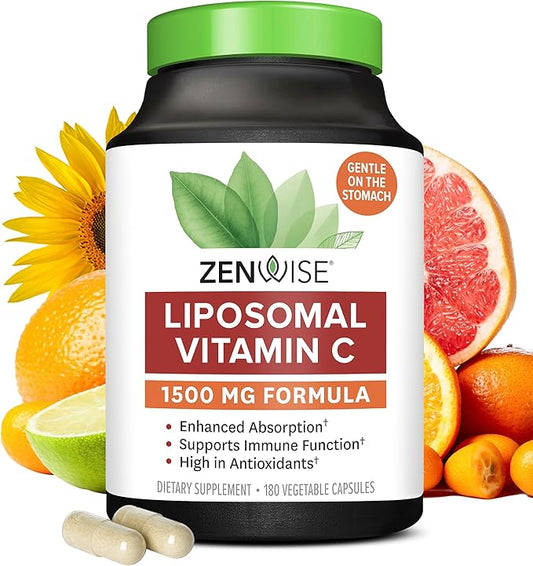 Zenwise Health Enhanced Absorption Liposomal Vitamin C Supplement - 1500mg Liposomal Vit C for Immune Support, Antioxidant & Natural Energy Boost - Vegan, Organic & Gluten Free - Unflavored, 180 Count