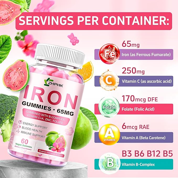 Iron Gummies Vitamin Supplement 65mg & Vitamin C 250mg per Serving with B6 B12 Folate- Energy Support for Iron Deficiency, Anemia, Vegan Guava Hibiscus Flavor, 60 Count