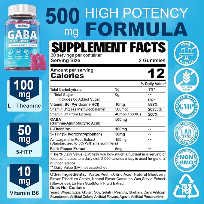 GABA Gummies 500 mg - Sugar-Free Calm Gummies with L Theanine, 5-HTP, Vitamins D3, B12, Ashwagandha, Melatonin-Free for Brain Calm, Mood, Zzz Better, GABA Supplement for Adult, Blueberry Flavor, Vegan