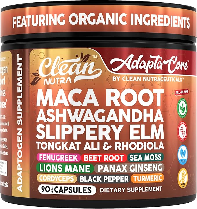 Clean Nutra AdaptaCore, Organic Maca Root Complex with Ashwagandha, Slippery Elm, Fenugreek, 90 Vegan Capsules