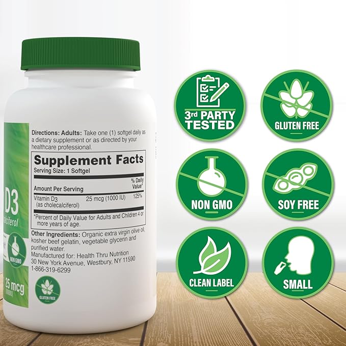 Health Thru Nutrition Vitamin D3 1,000iu 360 Mini Softgels for Maximum Benefit | 25mcg Cholecalciferol | 3rd Party Tested | Non-GMO USP Grade in Organic EVOO | Immune Health Support