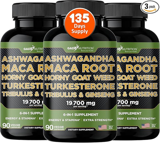 Gade Nutrition Ashwagandha with Maca Root, Horny Goat Weed, Turkesterone Supplement, Tribulus Terrestris, Panax Ginseng | Made in USA | Pack of 3