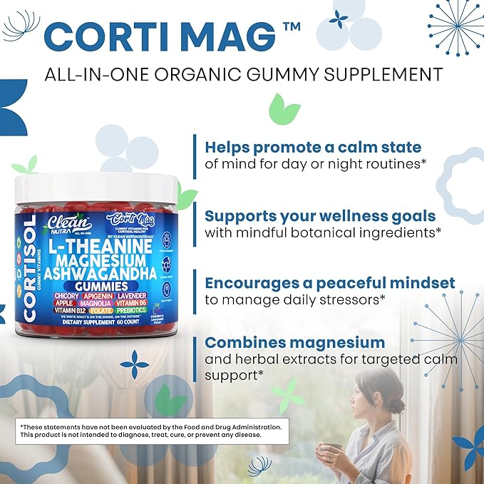 Clean Nutra L-Theanine Magnesium Ashwagandha Cortisol Gummies Apigenin Vitamin B6 Sleep Aid Calm Stress Relief Support Cortisol Management Supplement Lavender Chicory Prebiotic Advanced Gummy Formula