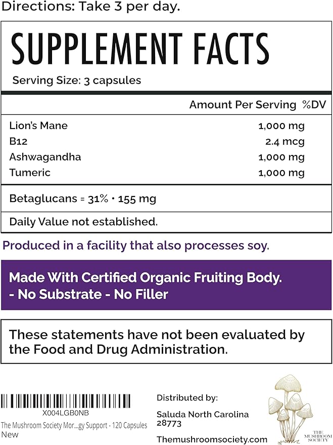 Morning Rush - Lion’s Mane, Ashwagandha, Turmeric & B12 Extract Blend - Mushroom Supplement for Focus & Energy Support - 120 Vegan Capsules