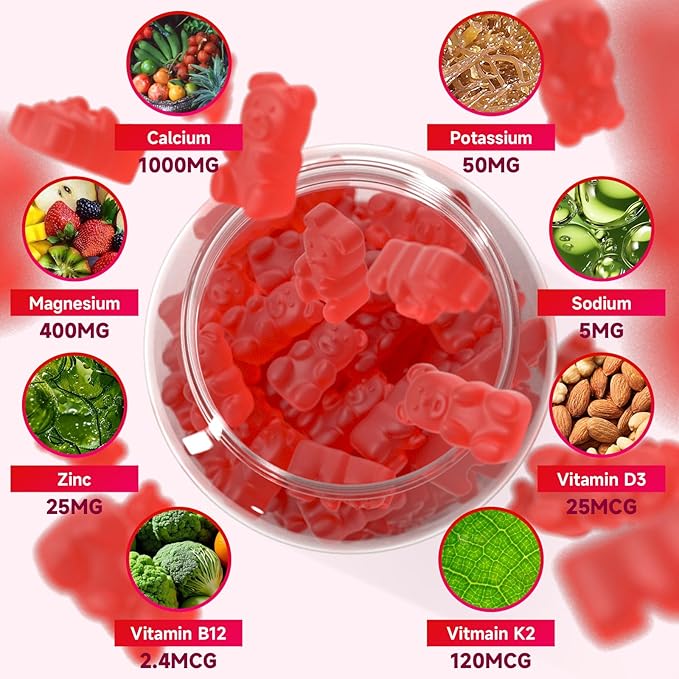 Calcium Gummies 1000mg with Vitamin D3 K2 & B Complex, Potassium, Calcium Magnesium Zinc Gummies for Bone, Muscle, Mood and Immunity - Vegan, Non-GMO, Strawberry Flavor 120 Count
