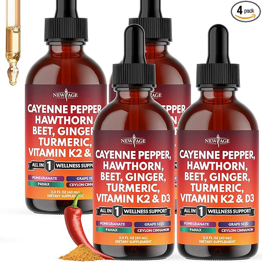 Cayenne Pepper Supplement Liquid Drops + Hawthorn Berry, Vitamin D3 K2 Beet Root Powder, Ceylon Cinnamon, Turmeric Curcumin, Organic Panax Ginseng - 8 oz