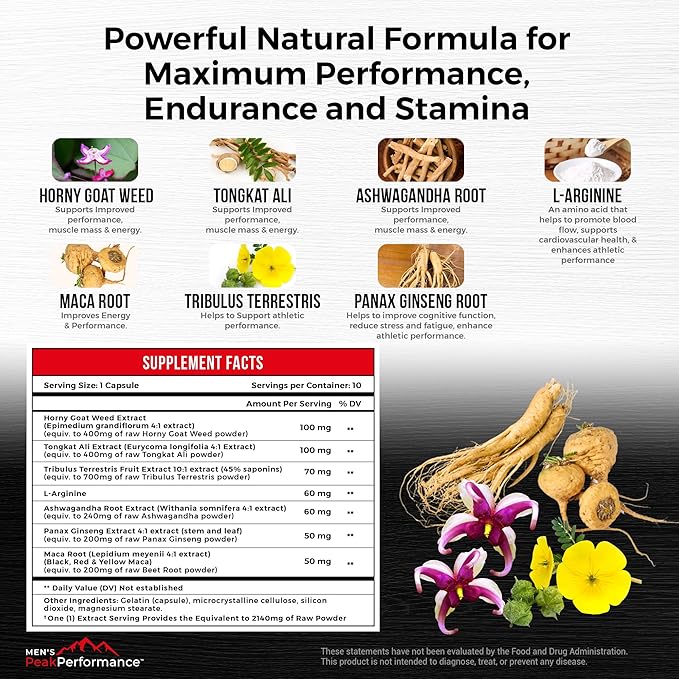 Male Maximizer Supplement - Energy, Endurance & Stamina Support for Peak Performance with Horny Goat Weed, Ashwagandha, Tongkat Ali & Maca - 10pk Capsules