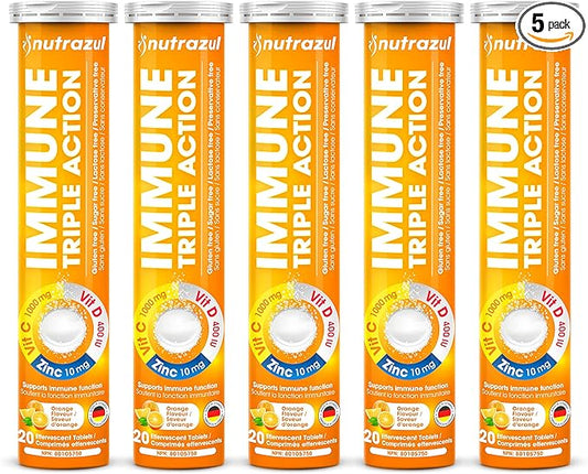 nutrazul Immune Triple Action Effervescent Tablets - Vitamin C 1000 mg, Vitamin D 400 IU, Zinc 10mg I Orange (Pack of 5X20) | Gluten Free, Sugar Free, Lactose Free & Preservative Free