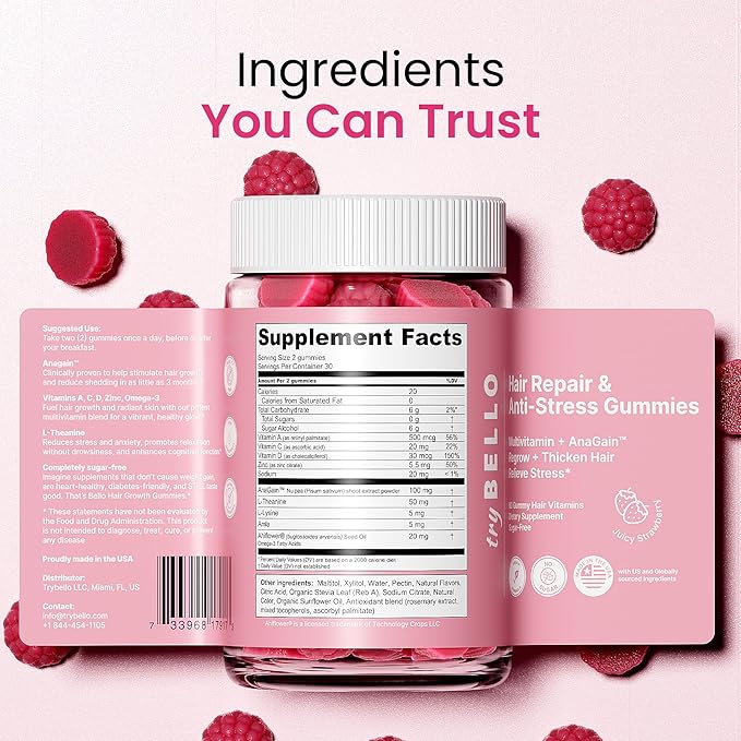 Anti-Stress & Hair Growth Gummies for Women | Sugar-Free, Vegan Hair Supplements | Gluten-Free, Soy-Free, Dairy-Free Gummy Vitamins for Thicker, Healthier Hair | 30 Servings