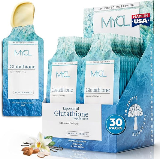 Liposomal Glutathione Supplement Squeeze Packs – Vitamin E and MCT Oil – Skin, Hair and Nail Health– High Absorption - Vanilla Almond – 30 Single-Serve Packets