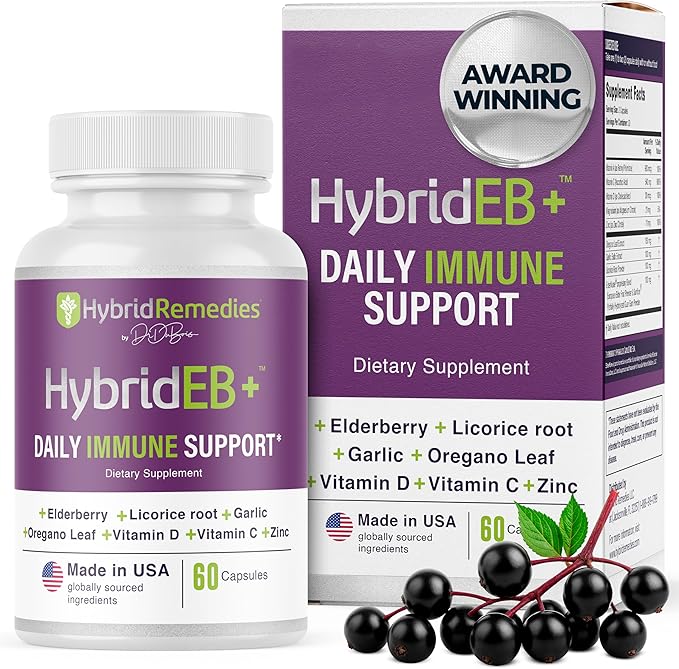 HybridEB Sambucus Elderberry Immune Support with Vitamin C, Zinc, Vitamin D3 - Antioxidant & Immunity Supplement, 1 Month Supply - 9 in 1 Black Elderberry Kids and Adults - 60 Capsules