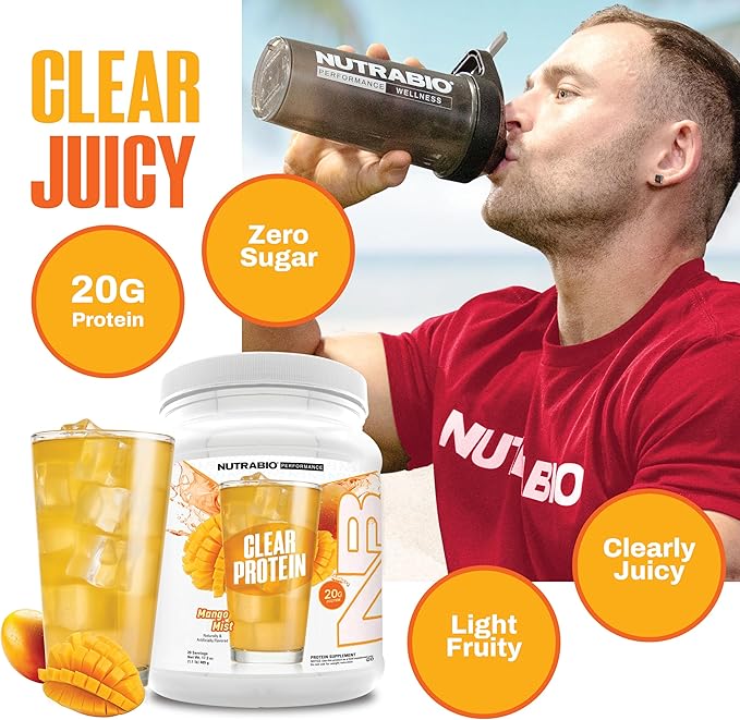 NutraBio Clear Protein Powder, Mango Mist - 20 Servings, 20g Clear Whey Protein Isolate, 0 Sugar, 0g Lactose, Refreshing Fruit Flavors, GLP1 Support - Bone Health - Muscle Post Workout Recovery