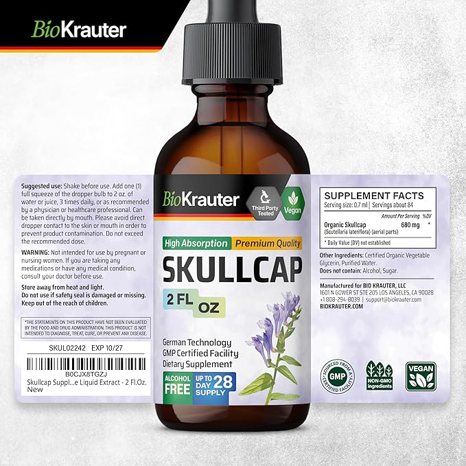 BIO KRAUTER Skullcap Herb Tincture - Scutellaria Lateriflora Liquid Extract - Alcohol and Sugar Free - Vegan Drops 2 Fl.Oz.