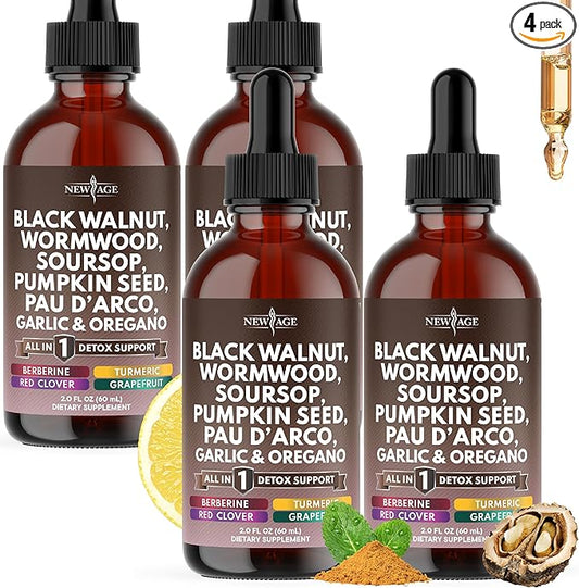 Black Walnut Wormwood Cleanse Drops - Liquid Soursop, Garlic, Pumpkin Seed, PAU D'Arco, Oil of Oregano, Turmeric, Berberine, Neem Extract, Hull Bark, Tincture - 8oz